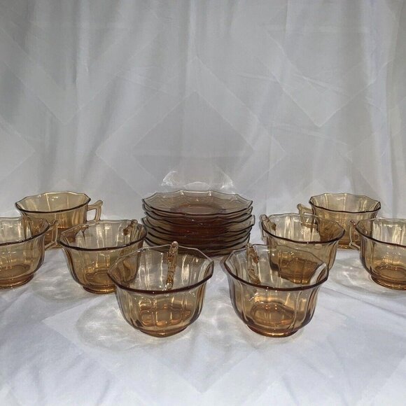 Other - Vintage Cambridge Decagon 8 Amber Glass Cups & Saucers Signed Home Decor Tea